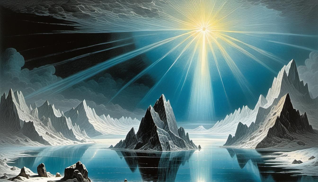 Magnetic Rock in Frozen Lake: Dore-Style Illustration