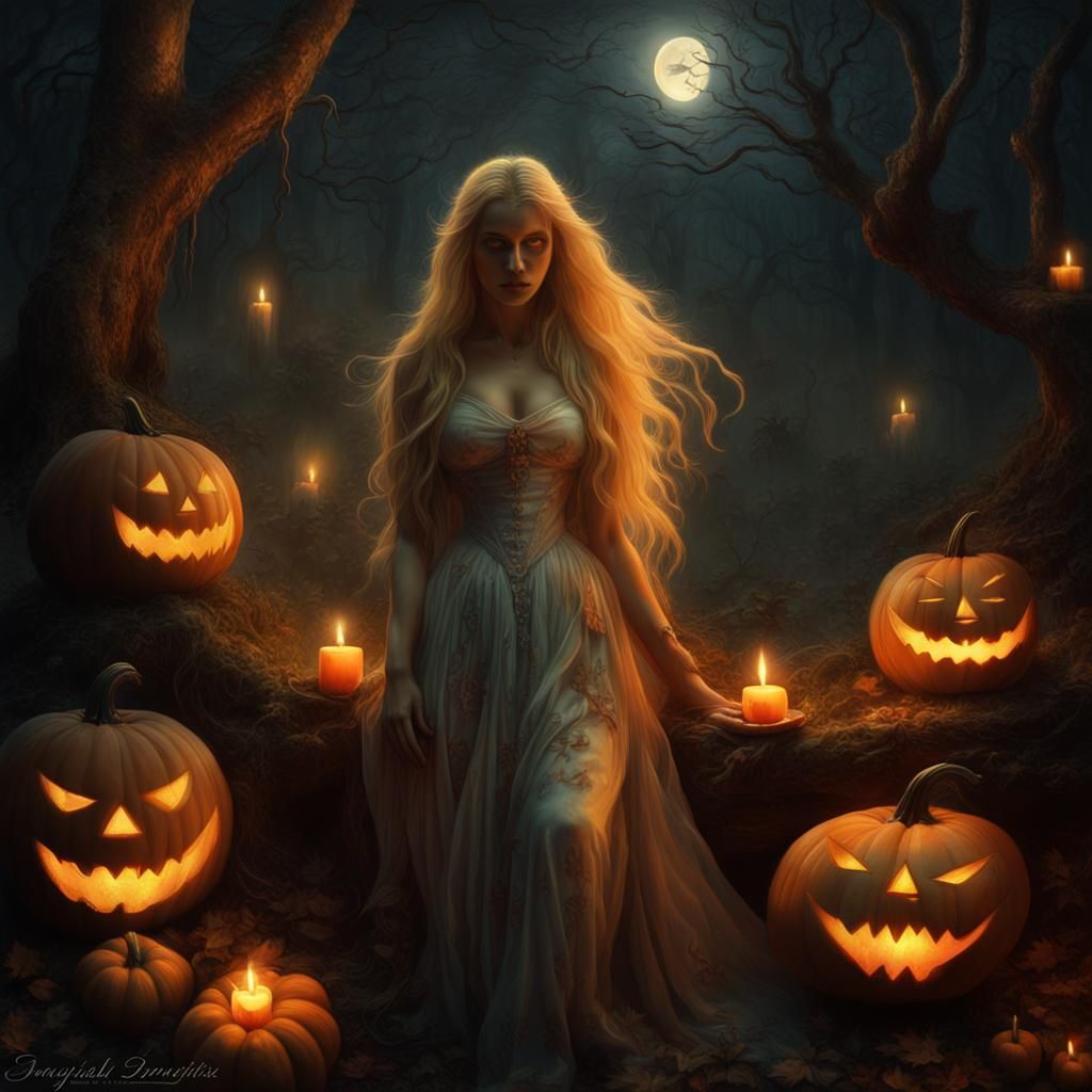 Moonlit Forest with Halloween Spirits: Fantasy Concept Art