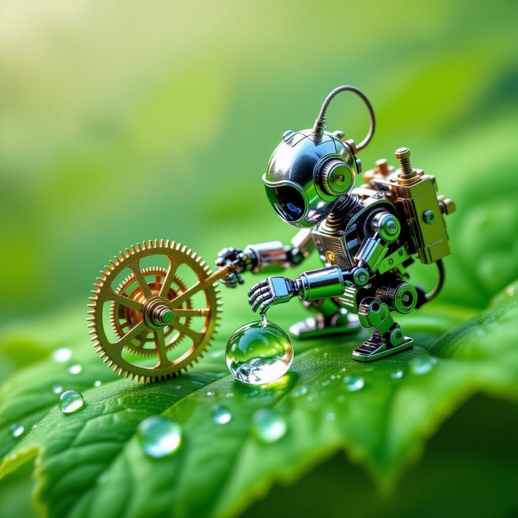 Clockwork Robot Repairs Dewdrop on Leaf