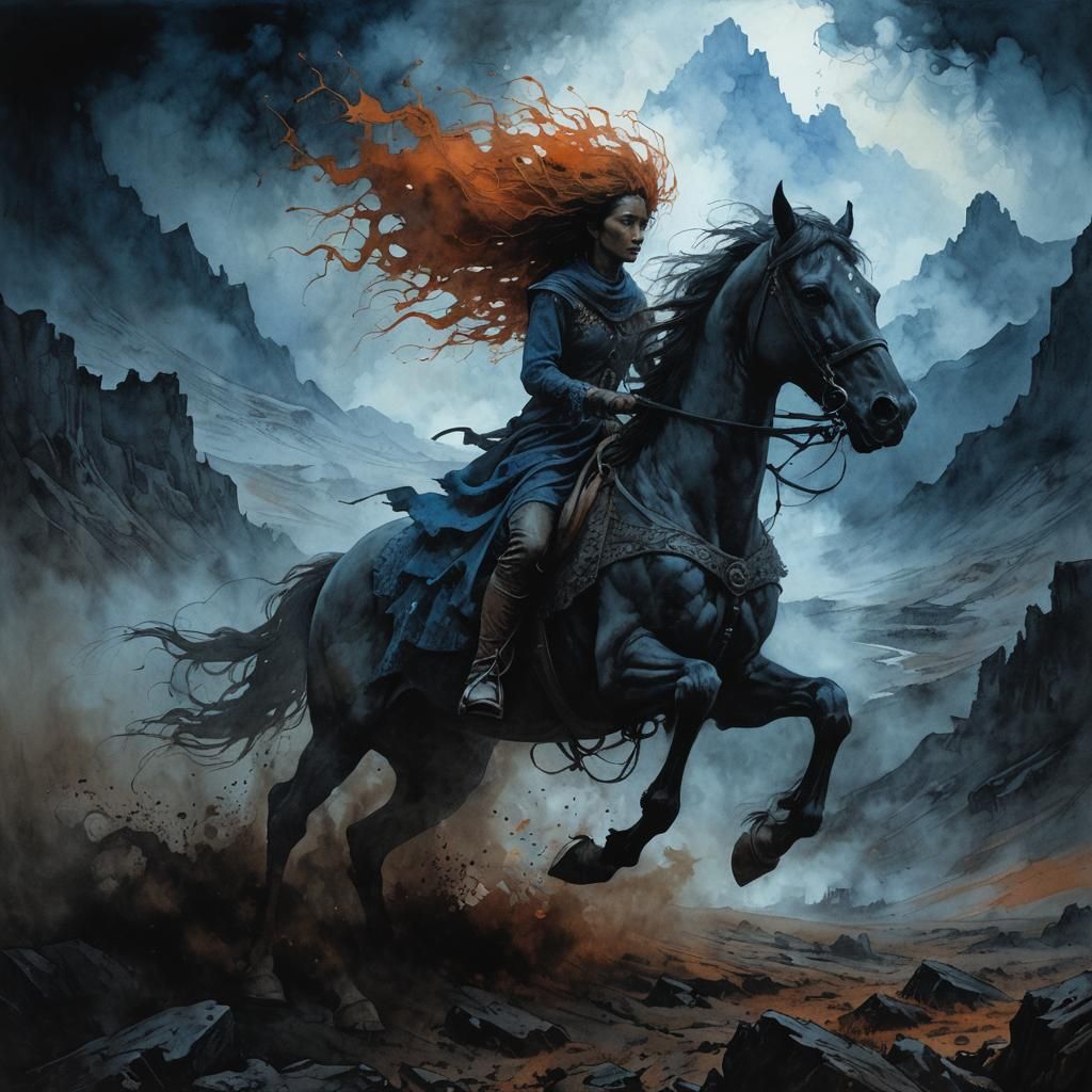 Lady Minerwa on Horse in Desolate Landscape