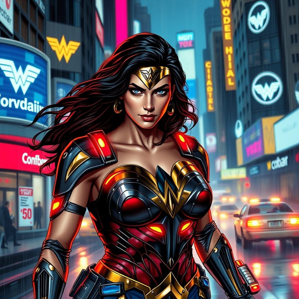 Cyberpunk Wonder Woman: Gritty Vigilante in Neon Metropolis