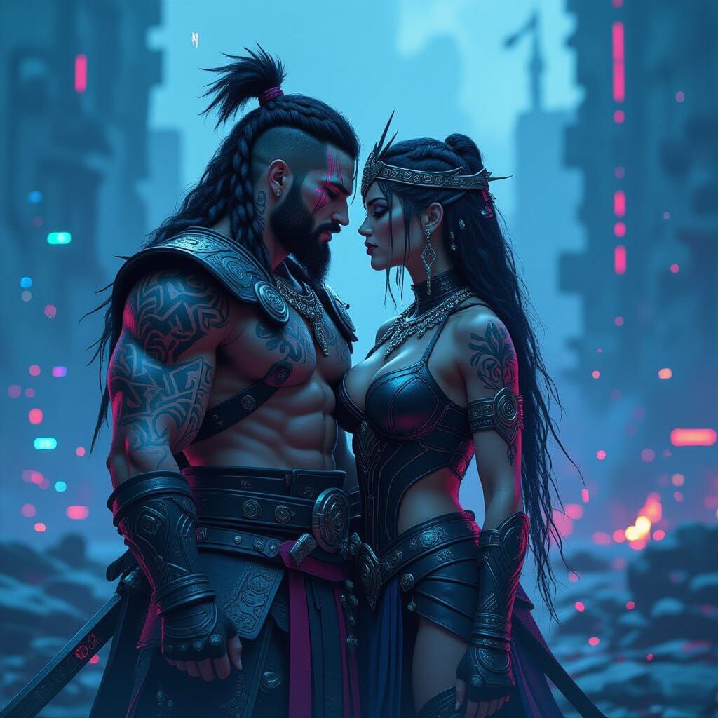 Cyberpunk Warrior King and Queen Kiss on Battlefield