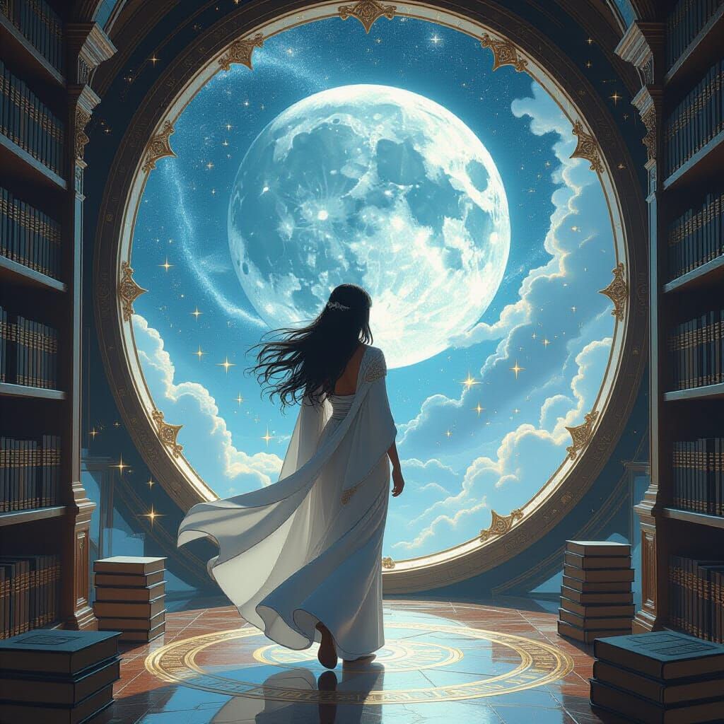 Goddess Mayari in Celestial Library, Fantasy Art