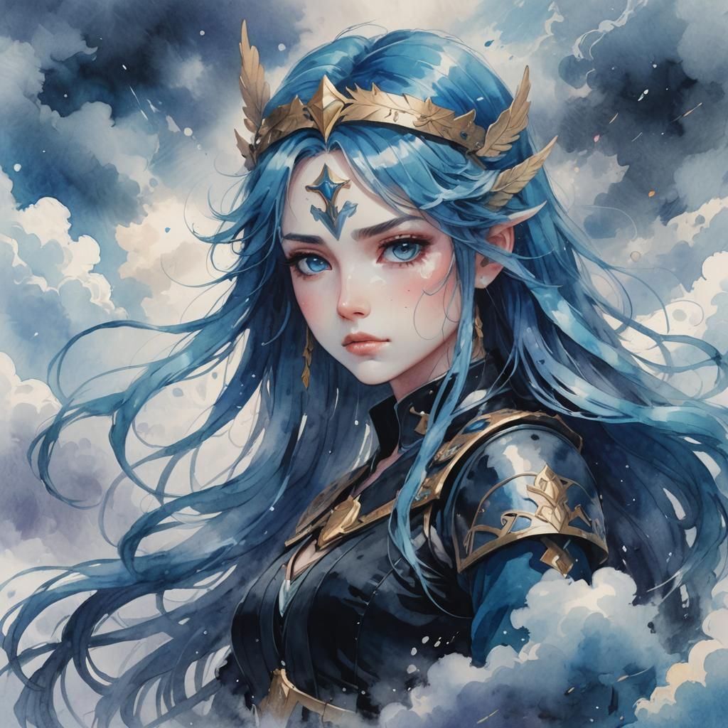 Valkyrie in Misty Clouds: Watercolor Anime Portrait