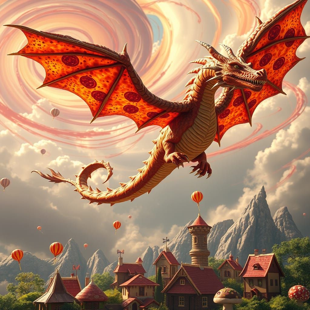 Pizza Dragon Soaring Over Pizza Village