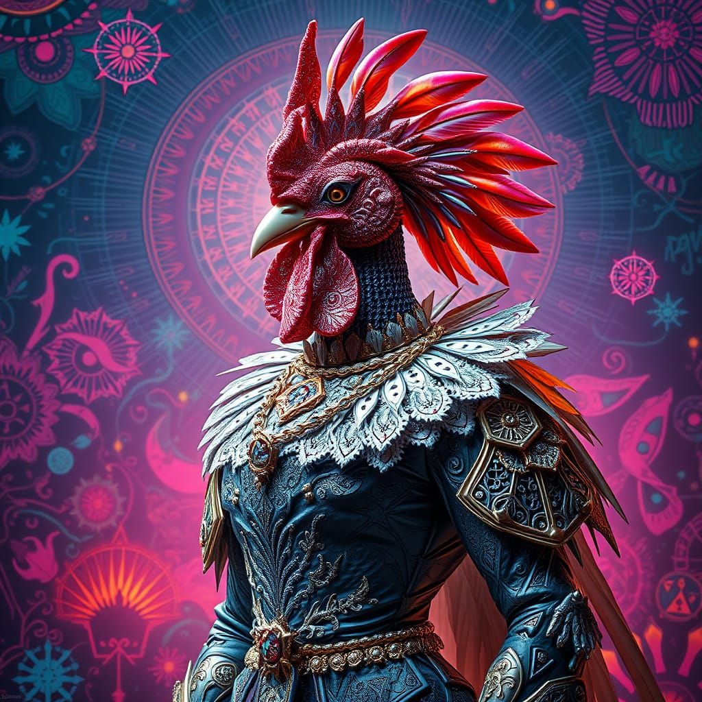Alien Rooster in Elaborate Attire