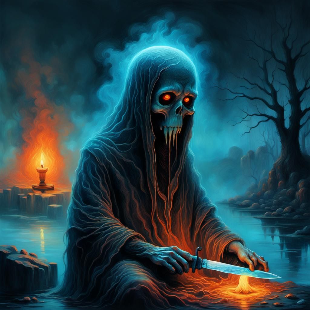 Ethereal Ghost with Knife in Oil Painting Style