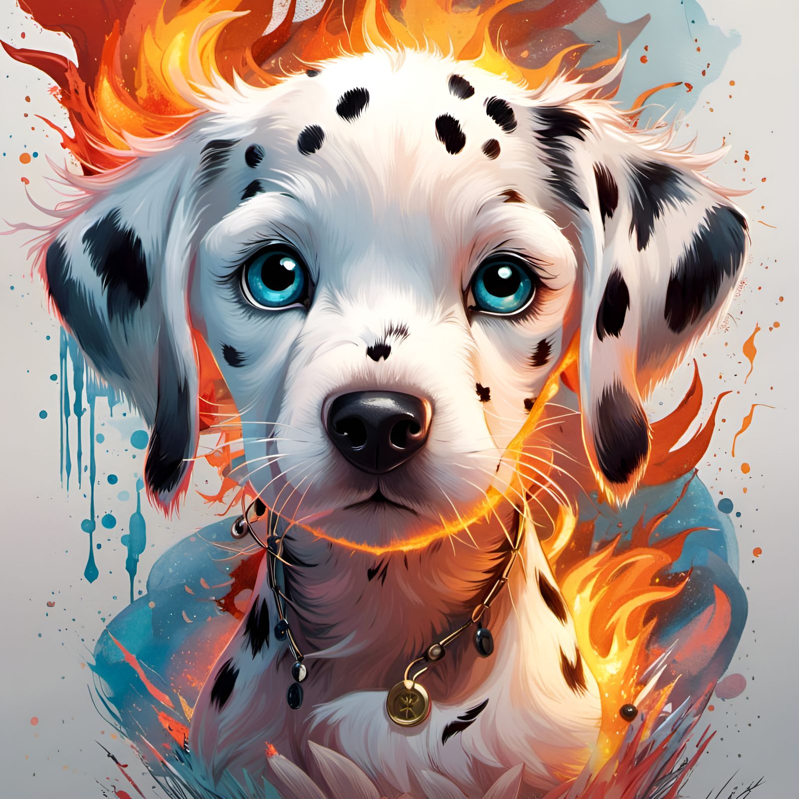 Big-Eyed Dalmatian Portrait in Fiery Scene