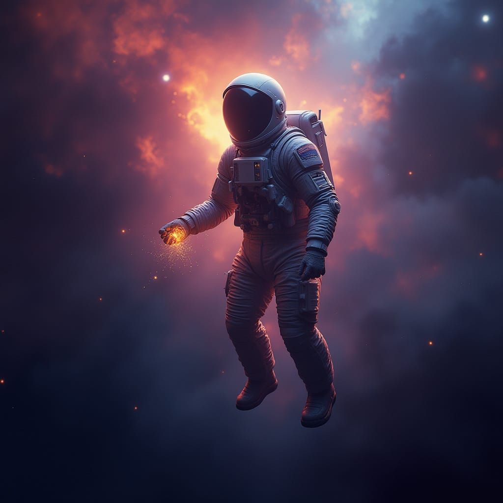 Astronaut Adrift in Nebula Clutching Glowing Artifact