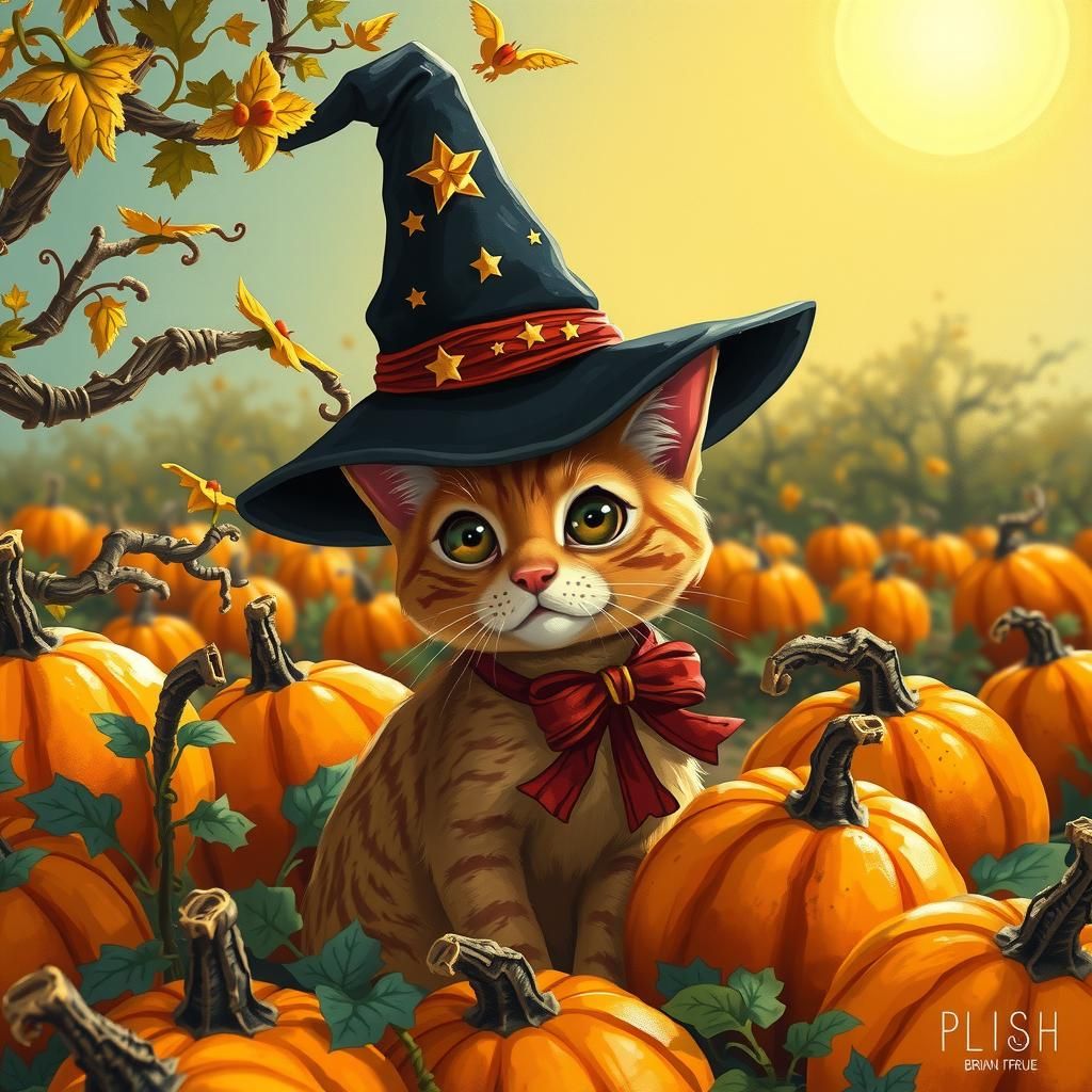 Orange Tabby Cat in Witch Hat, Autumnal Digital Art