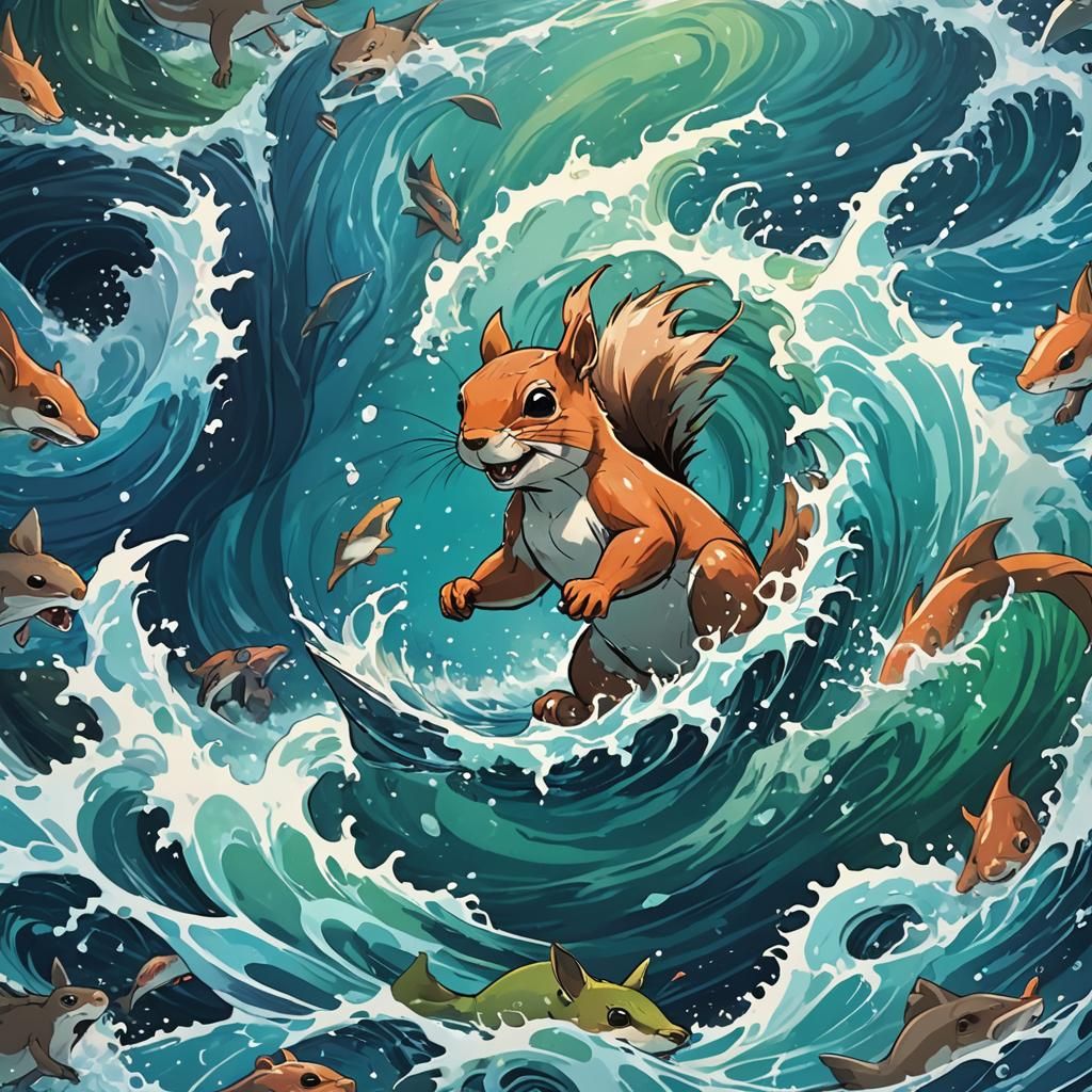 Squirrel Rides Shark in Anime-Style Ocean Whirlpool