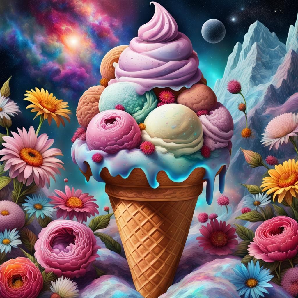 Holographic Ice Cream Cone with Astral Flowers