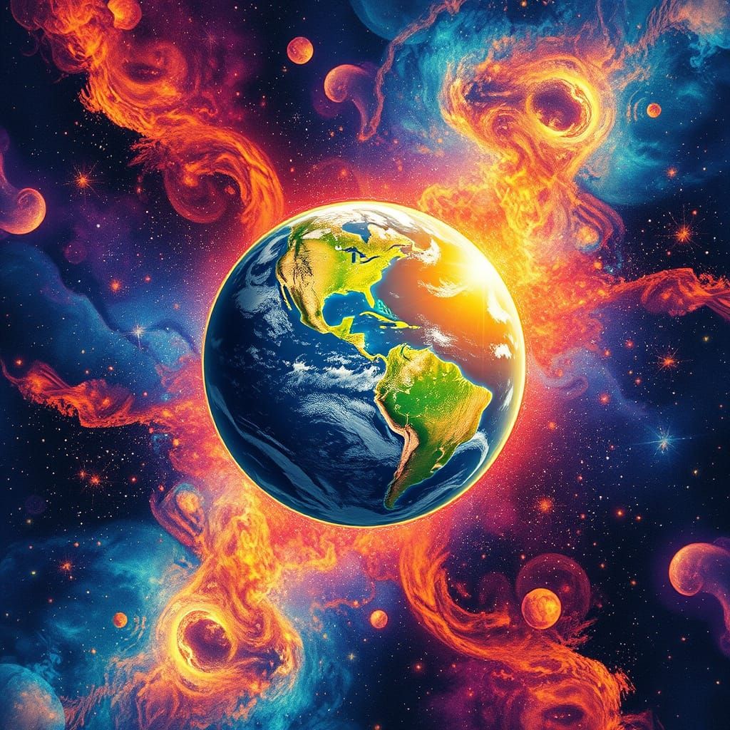 Cosmic Planet Earth in Vibrant Astral Landscape