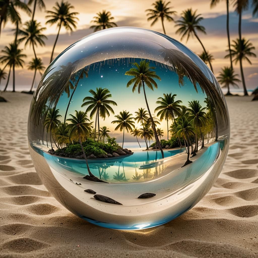 Palm Grove in Glass Orb: A Surreal Landscape