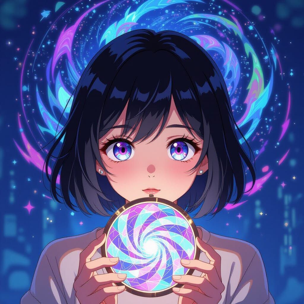 Anime Girl Gazing into a Cyberpunk Kaleidoscope