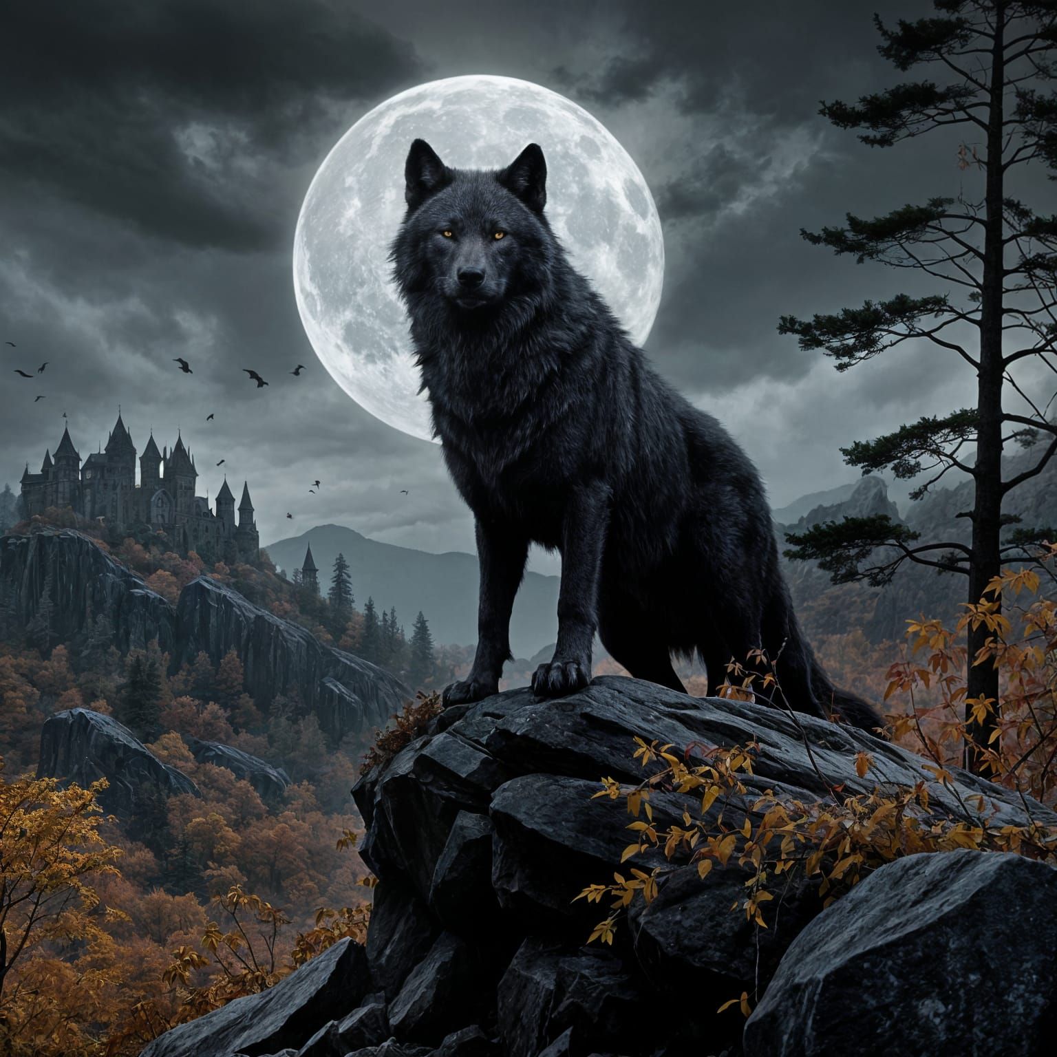 Majestic Wolf on Moonlit Autumn Ridge in Dark Fantasy Style
