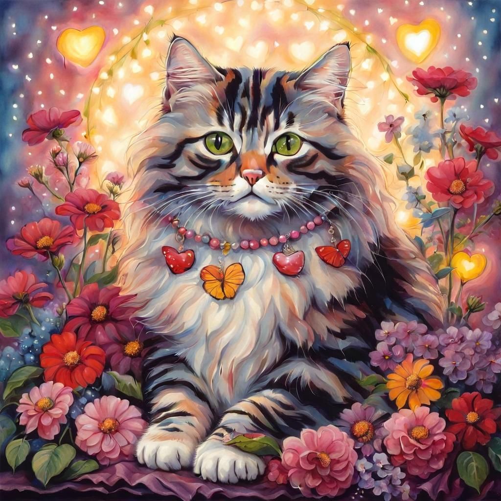 Cute Cat Surrounded by Flowers and Heart Lights