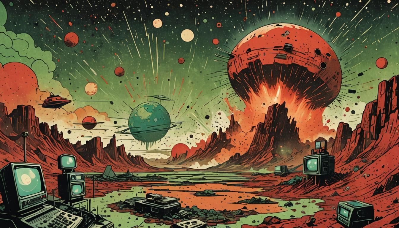 Retrofuturistic Mars Island Breakaway in Comic Book Art