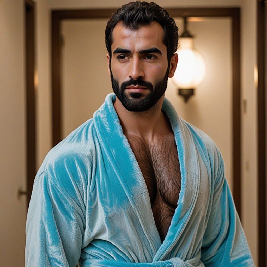 Handsome Arab Man in Elegant Velvet Bathrobe