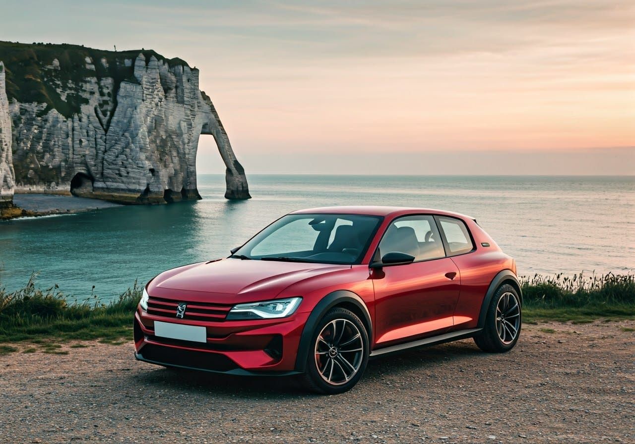 Red 2025 Peugeot 205 GTI Concept on Normandy Coast