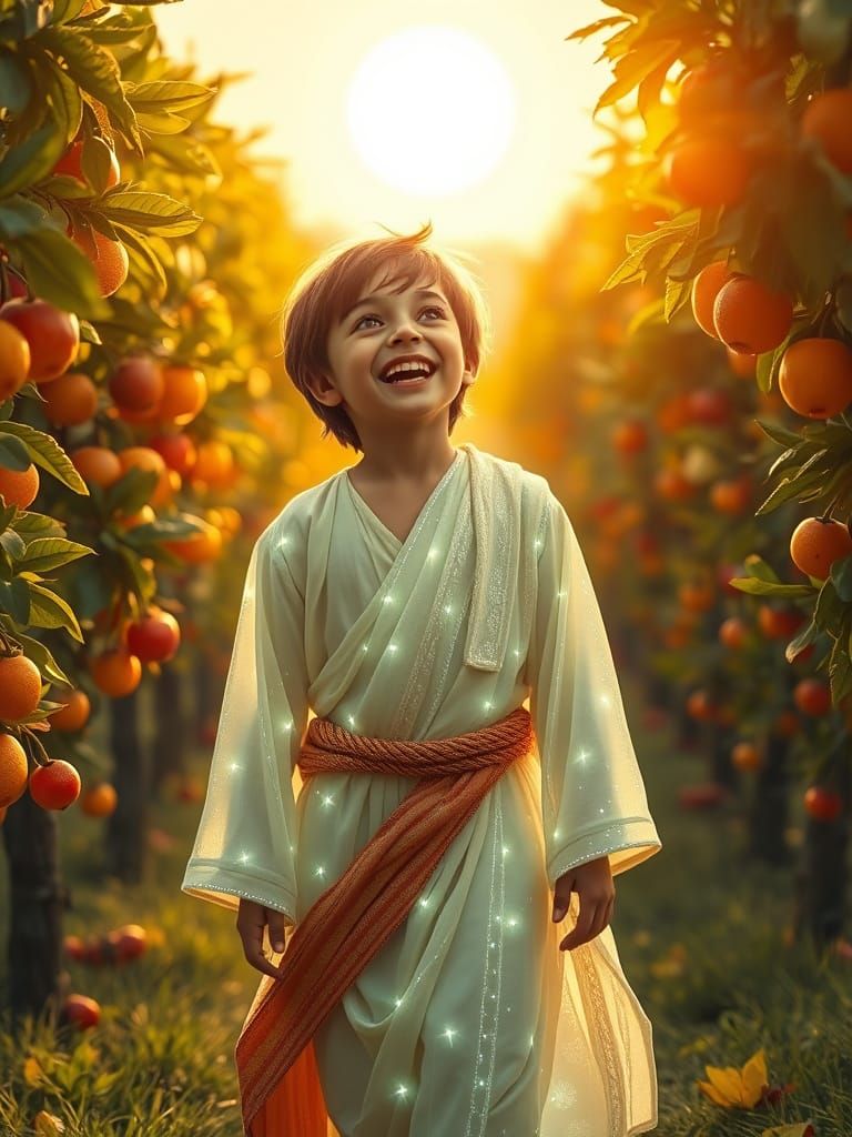 Glowing Youthful Jesus Walks in Ancient Orchard