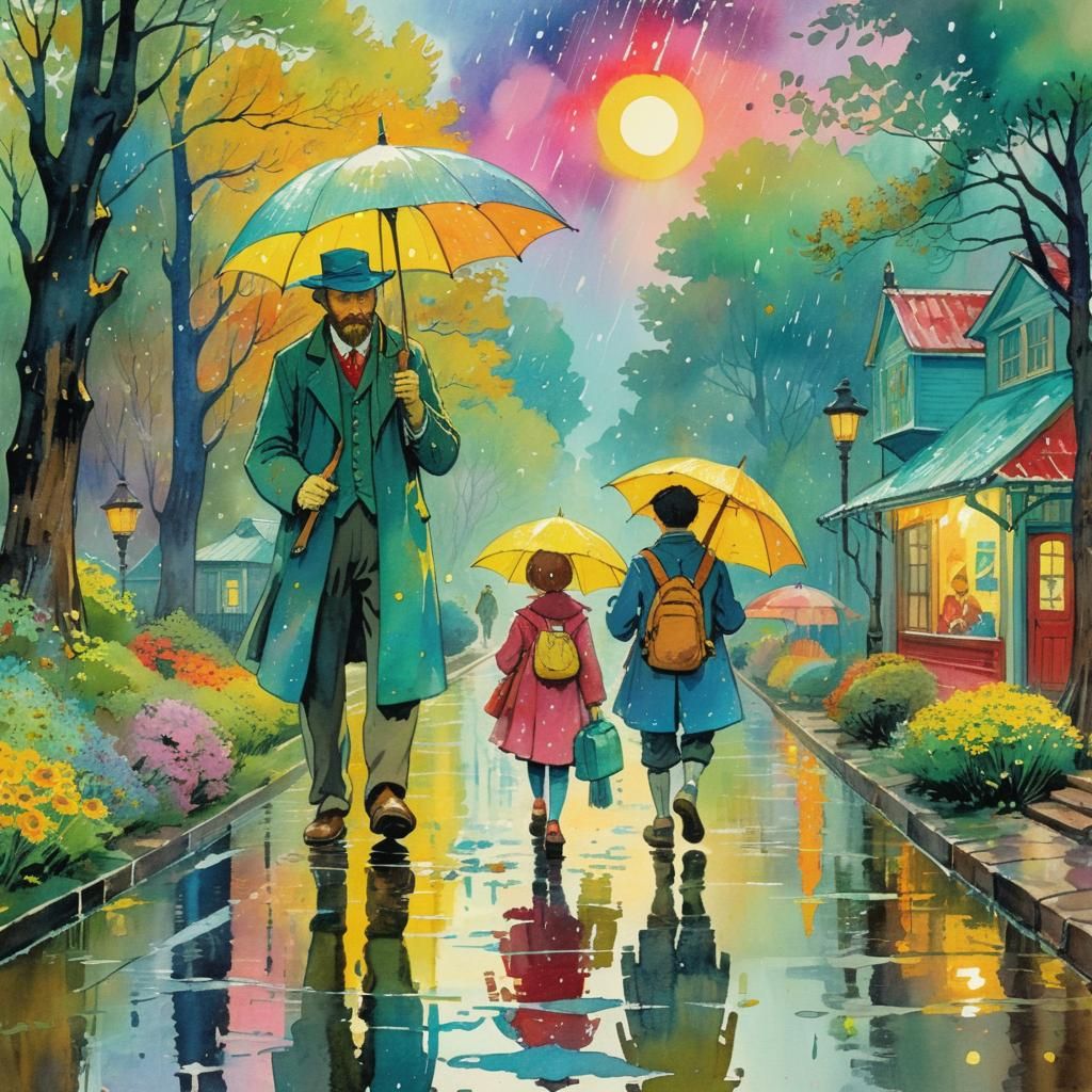 Magical Rainy Morning Walk, Watercolor Impasto Painting