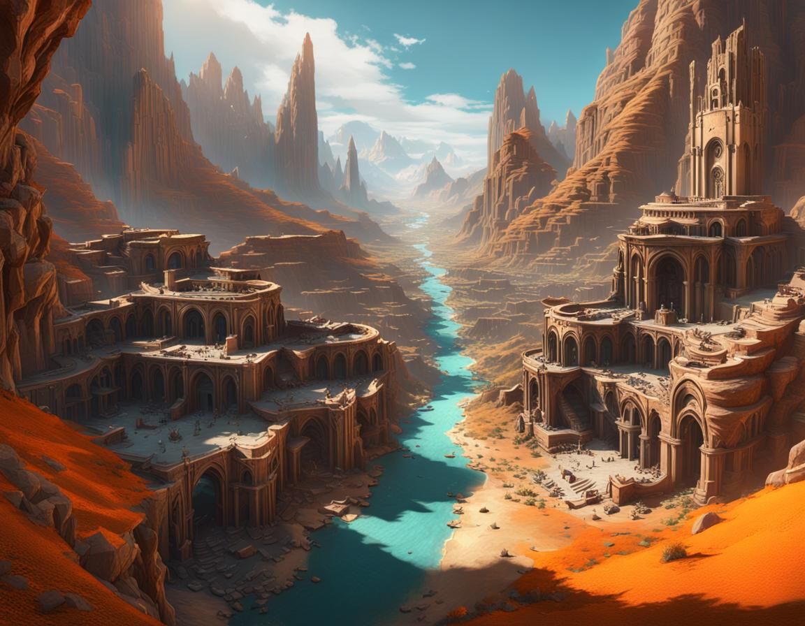 a ruined middle-earth city bisected by a giant canyon in a d...