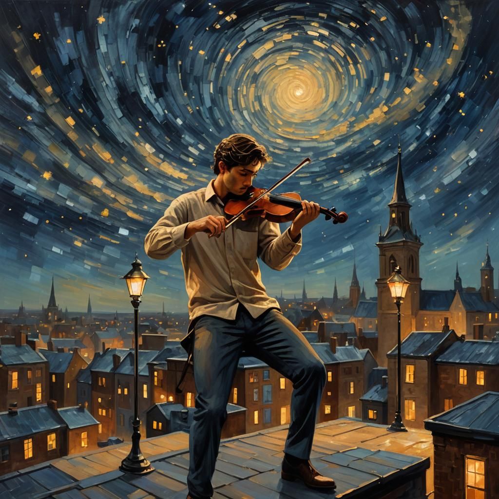 Violinist's Rooftop Serenade Under Starry Sky