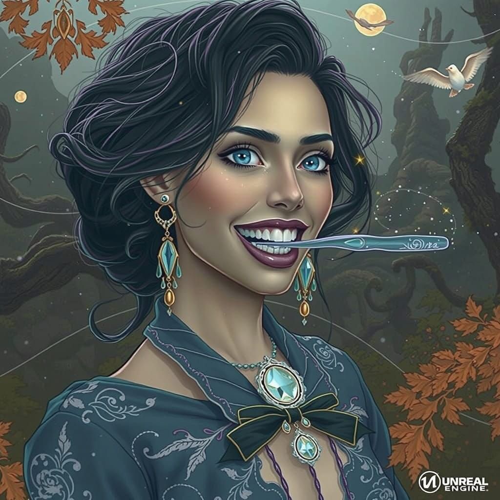 Woman Lost in Whimsical Daydream with Shimmering Toothbrush