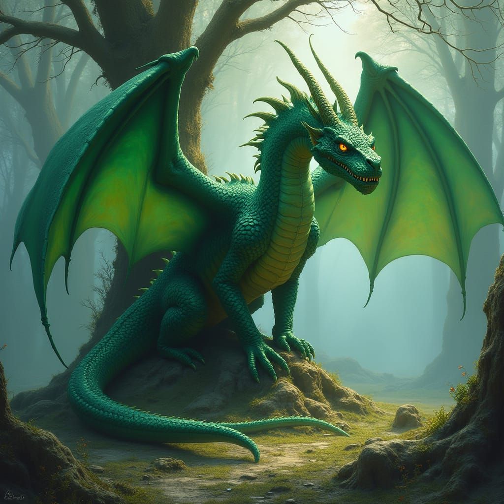 Ethereal Emerald Dragon Amidst Ancient Mists