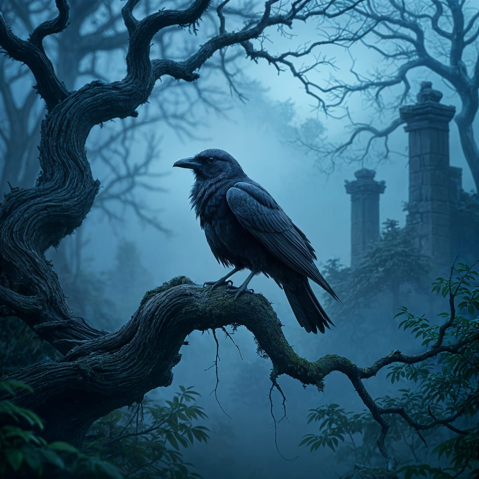 Ancient Crow on Spectral Tree in Misty Forest