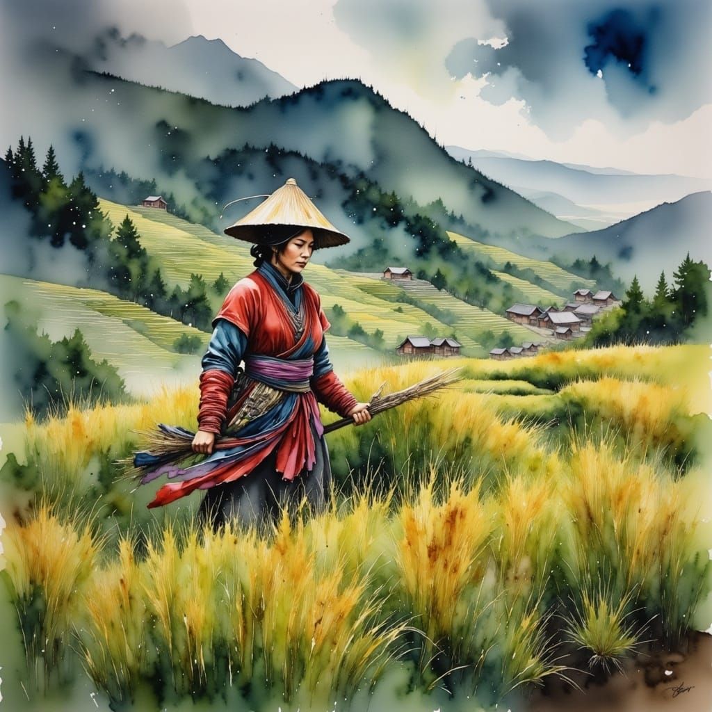 Miao Girl in Guizhou Rice Paddy: Water Ink Art