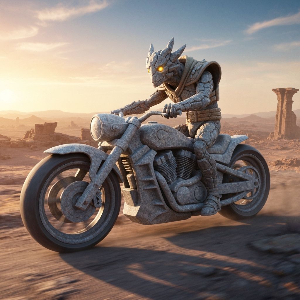 Rock Biter Rides Granite Motorcycle in Cinematic Style
