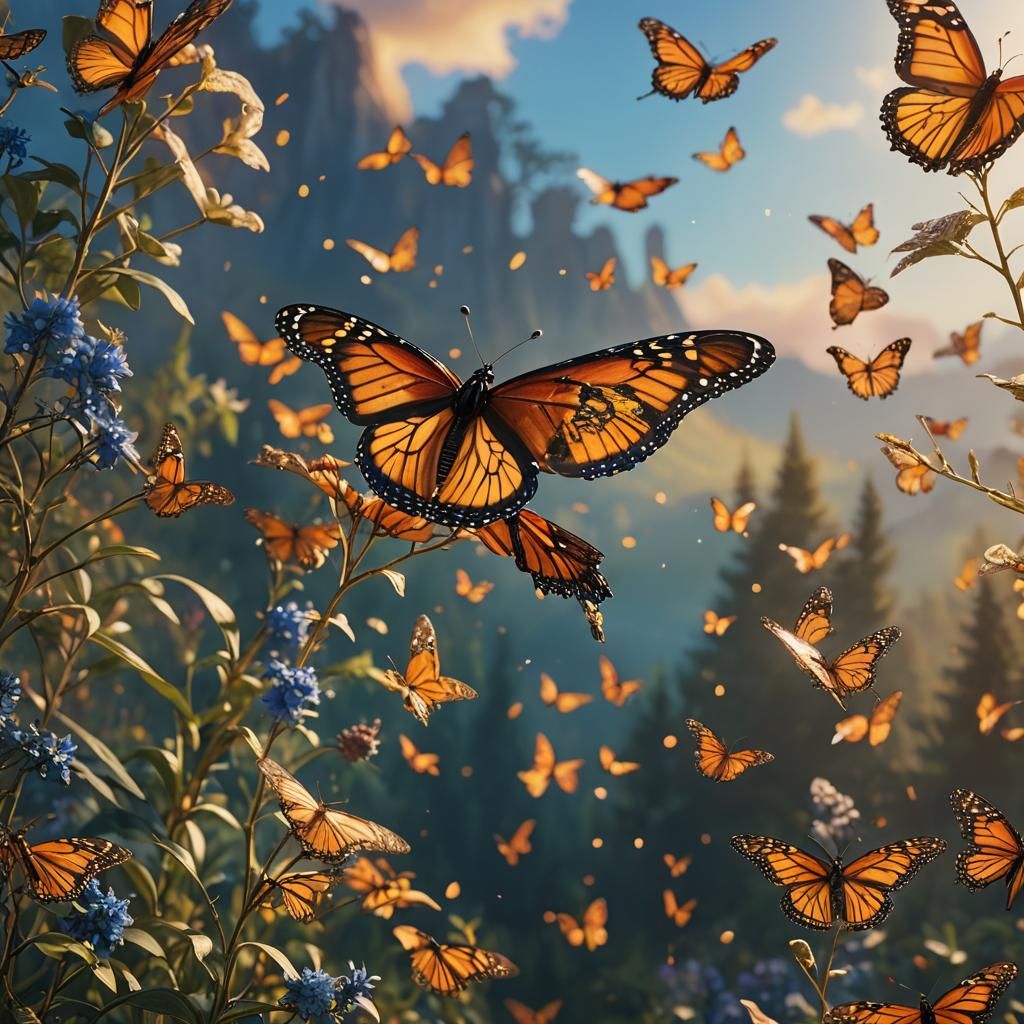 Monarch Butterfly Flight: Fantasy Art in Golden Light