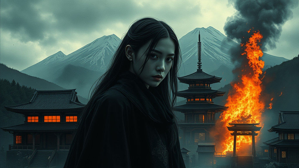 Burning Village Double Exposure Portrait in Manhwa Style