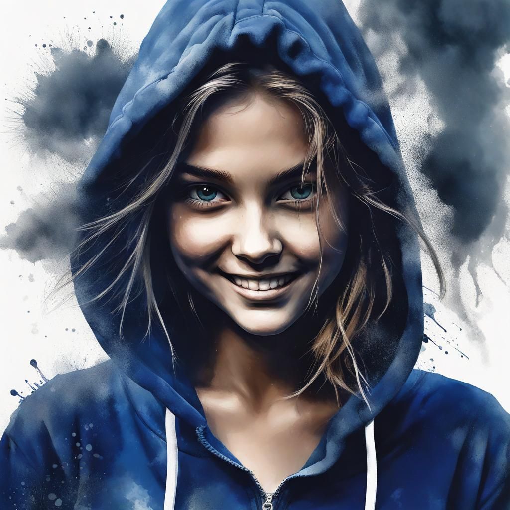 Jogger in Indigo Hoodie: Ink Splash Art Portrait