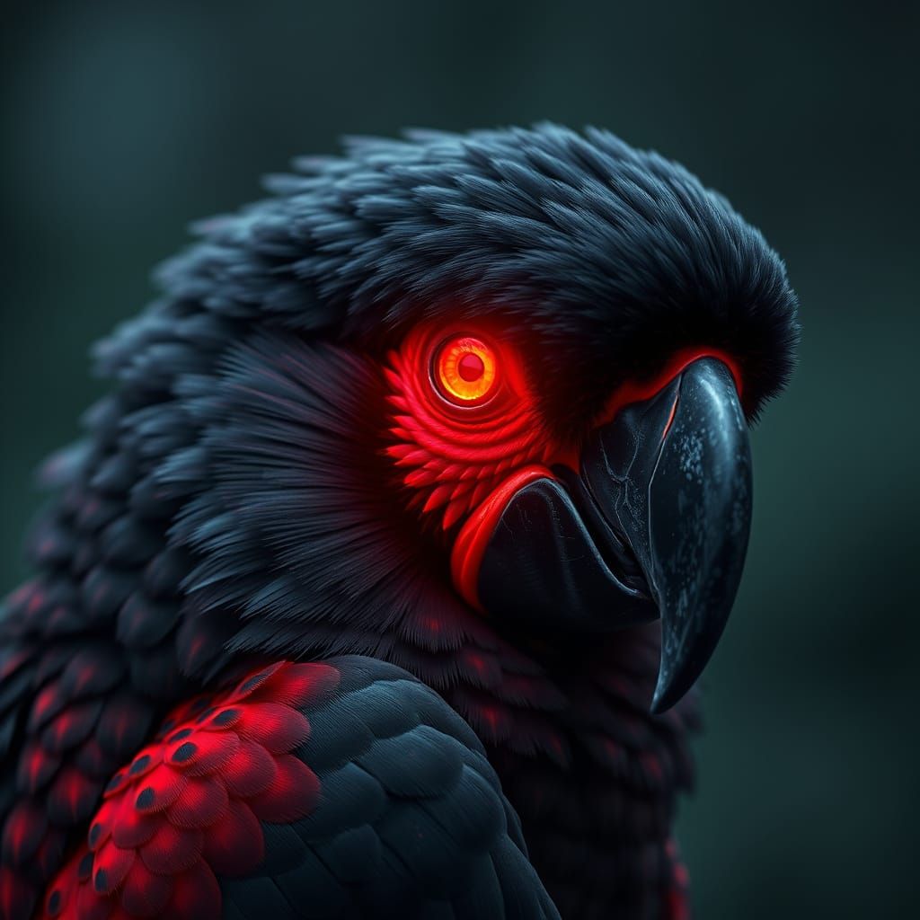 Hyperrealistic Parrot with Deep Red Eyes