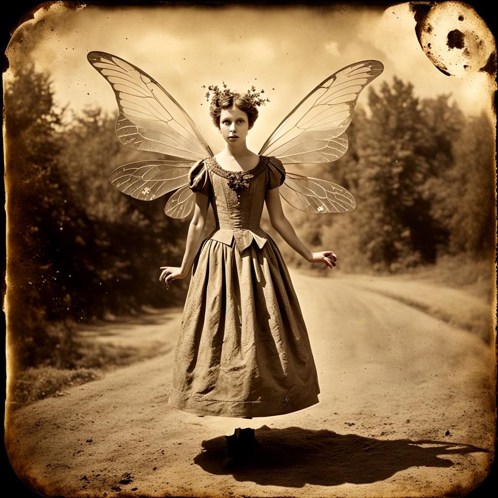 Surreal Fairy in Damaged Sepia Daguerrotype