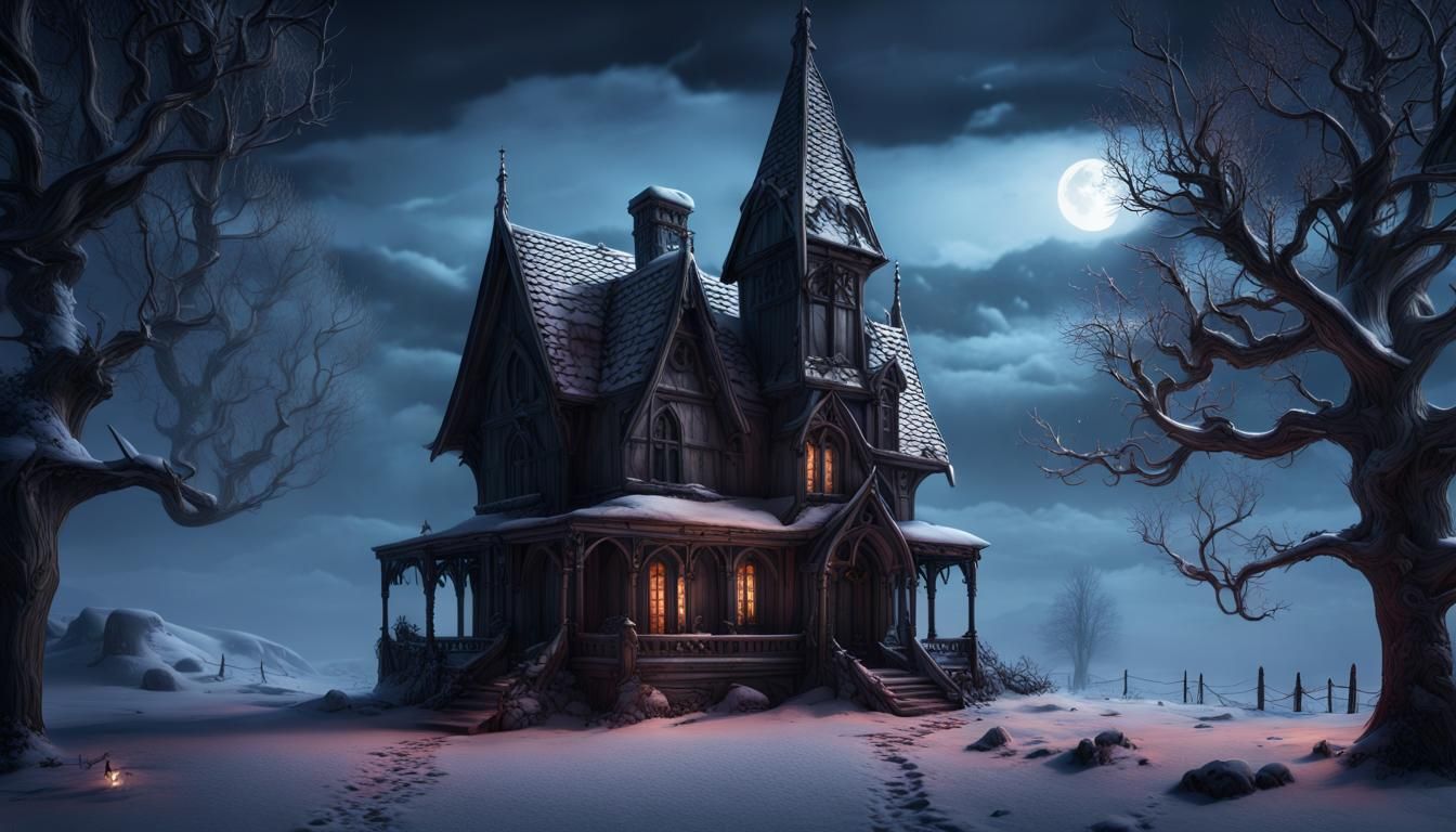 Gothic House in Winter Night: Matte Painting