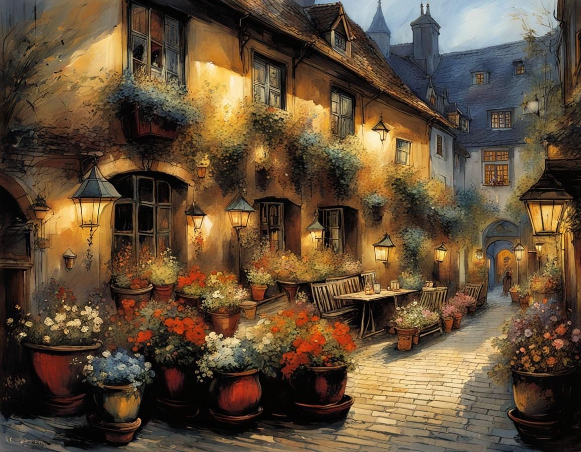 Charming German Courtyard Scene with Flowers