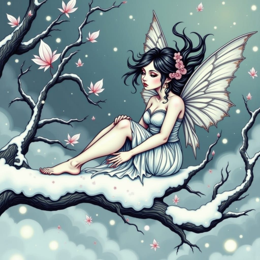 Ethereal Snow Fairy Perched on Frosty Branch