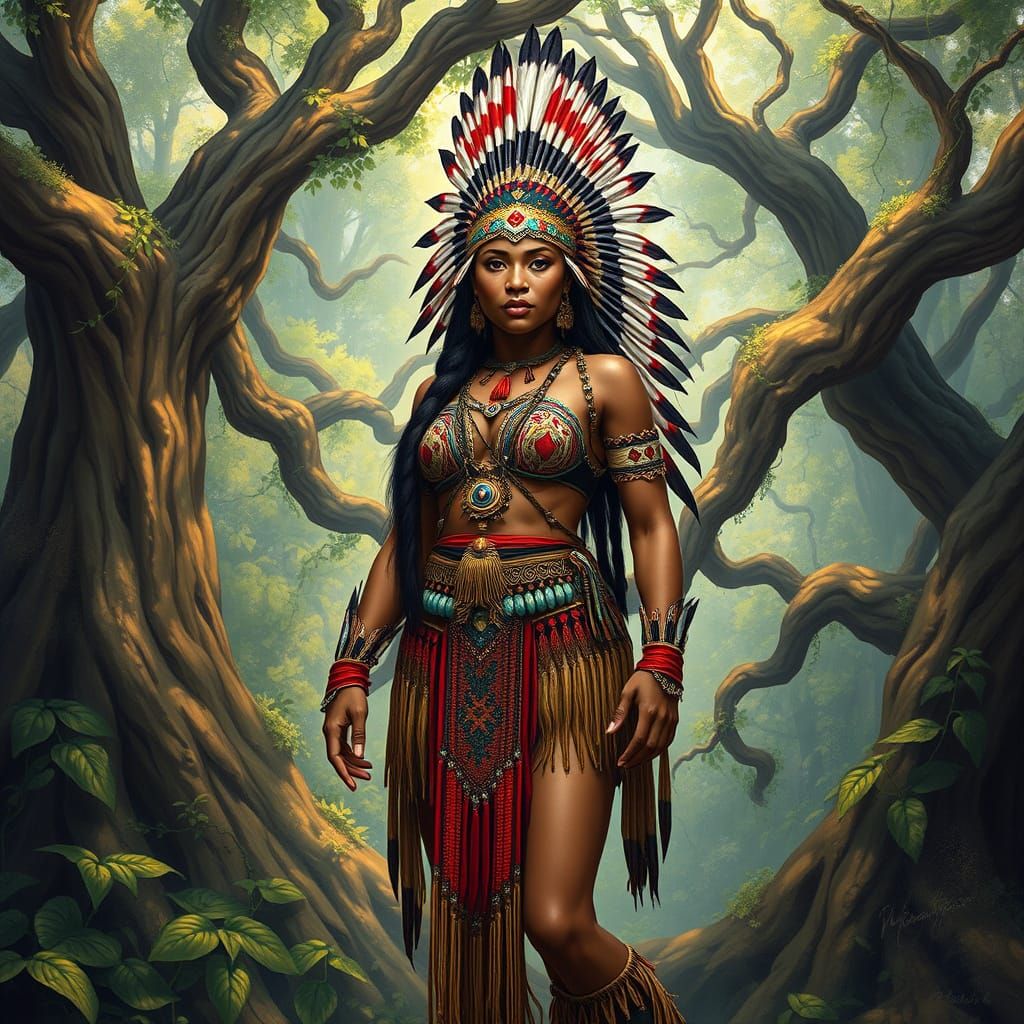 Native American Warrior in a Futuristic Forest Landscape