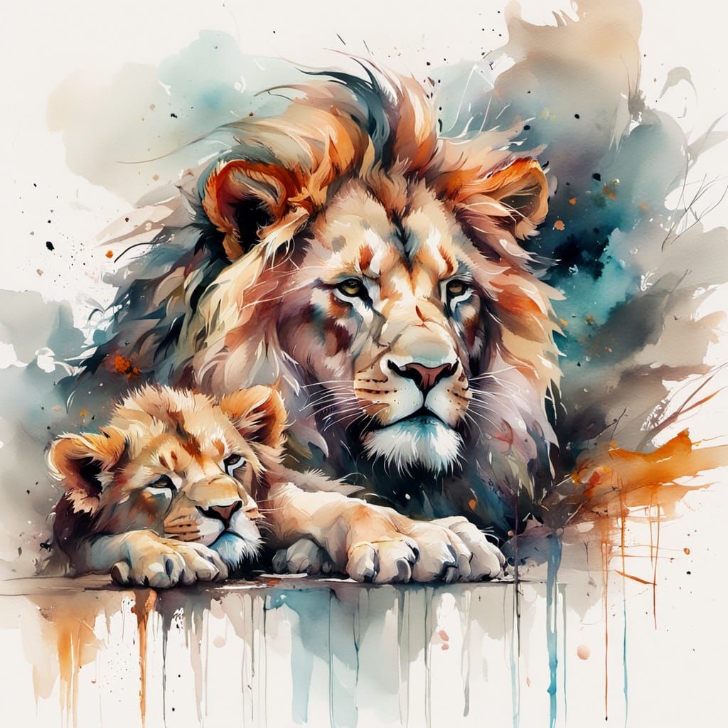 Lion Guarding Cub: Watercolor in Wildlife Art Style