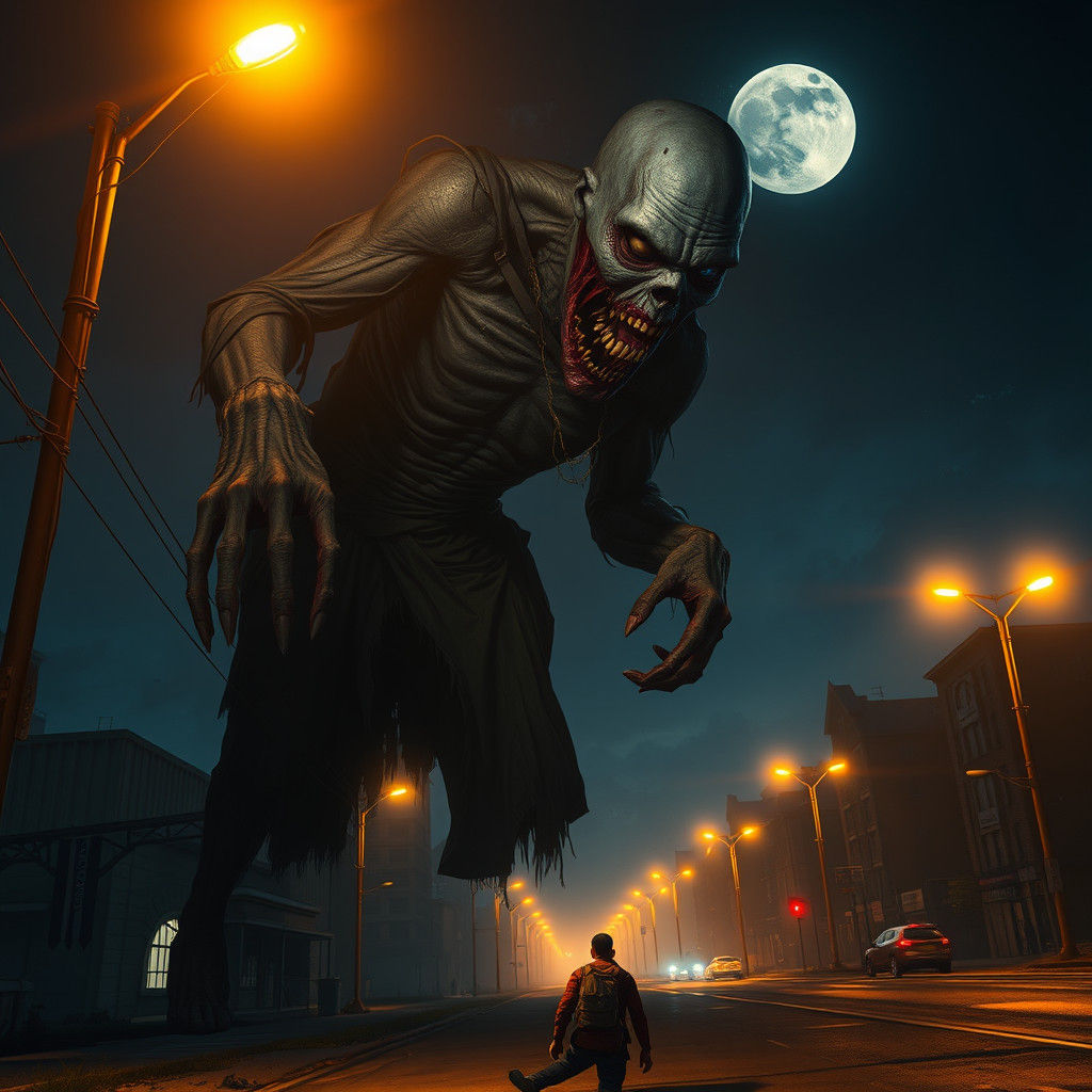 Zombie Giant Bites Human in Dark Cityscape