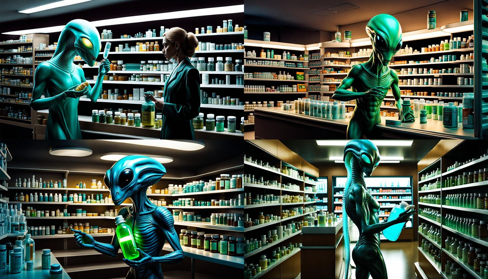 arafed alien standing inside a pharmacy taking a pill bottle off a shelf, translucent skin, alien creature, bioluminesce...