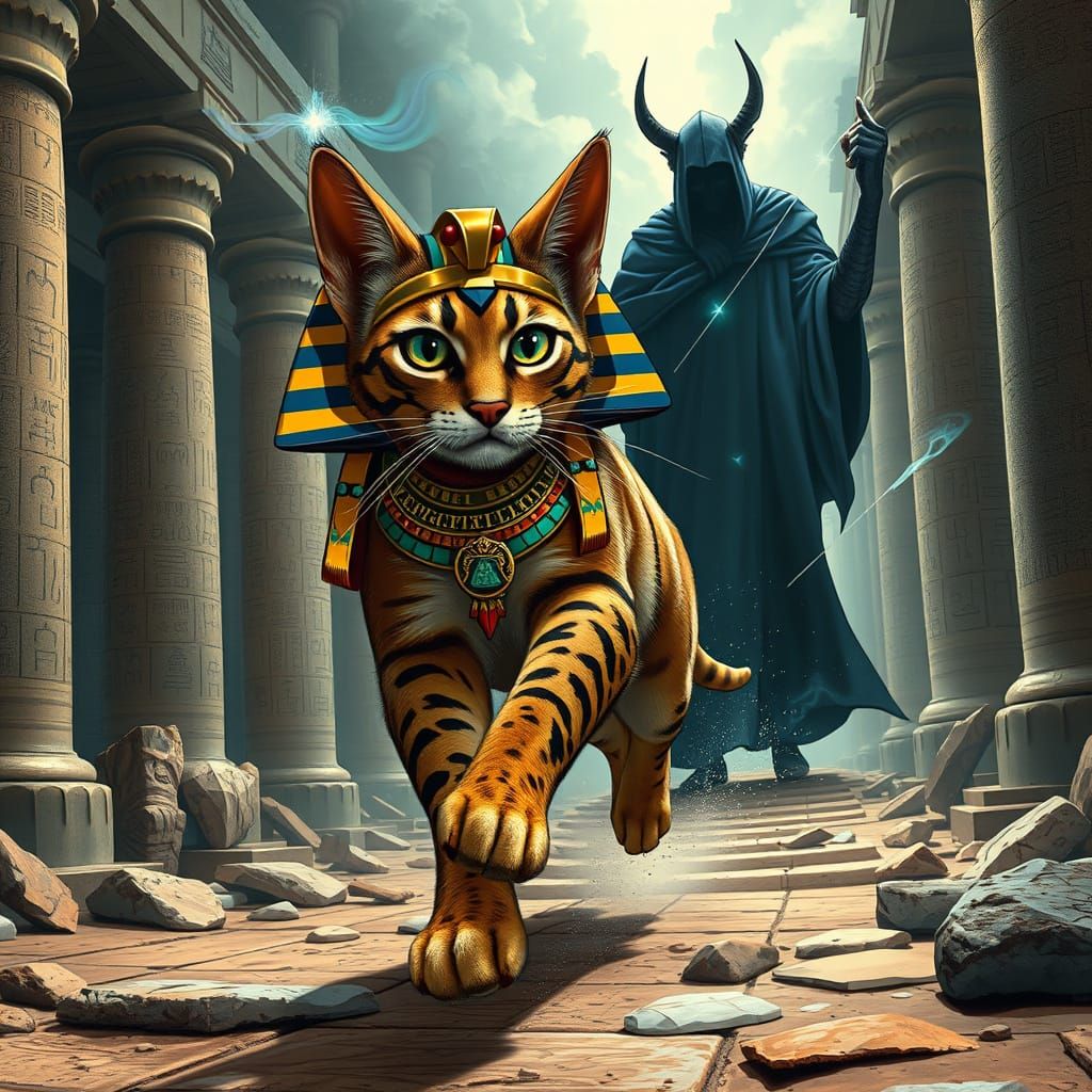 Egyptian Cat Pharaoh Flees Dark Sorcerer