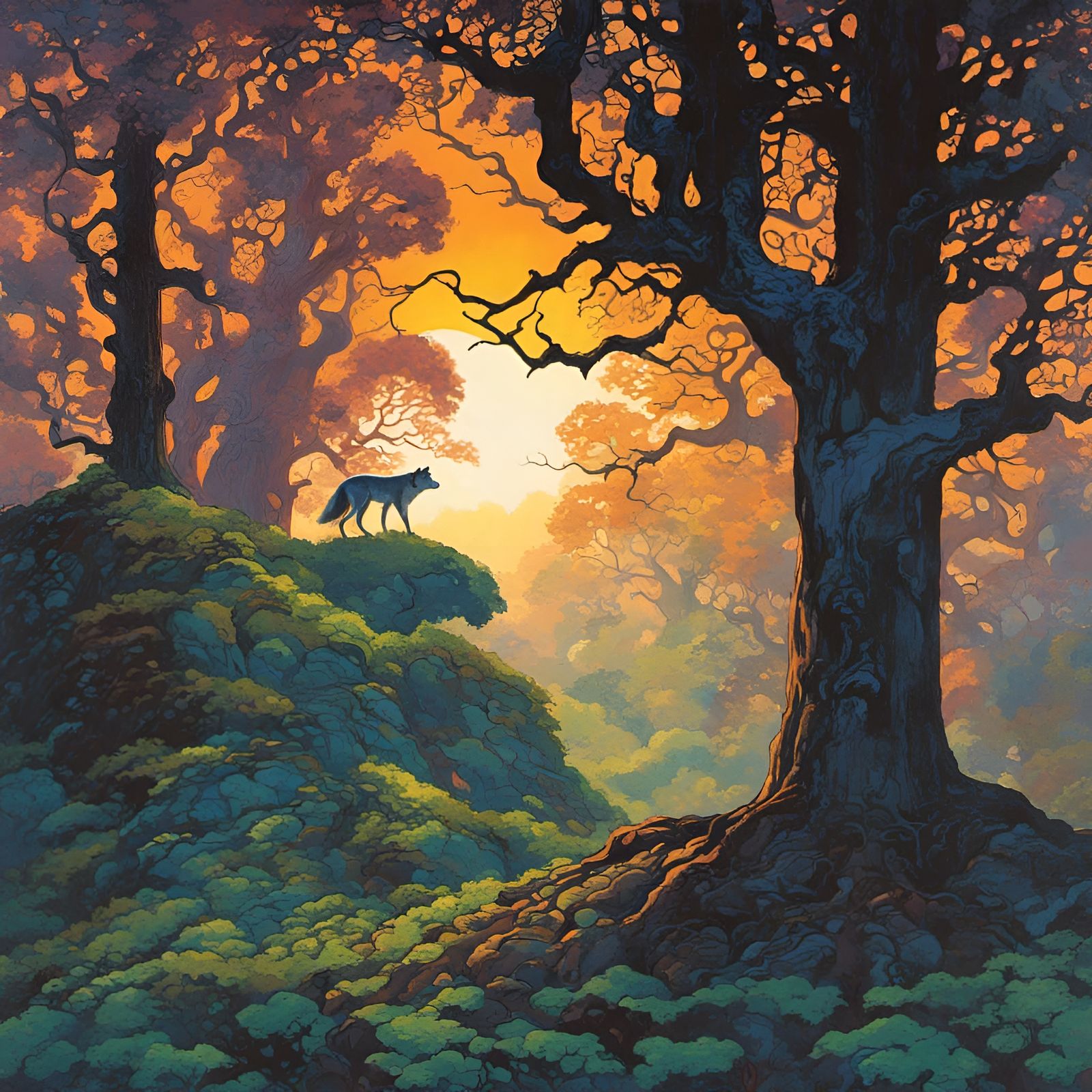 Wolf Watches Sunrise in Ancient Oak Forest