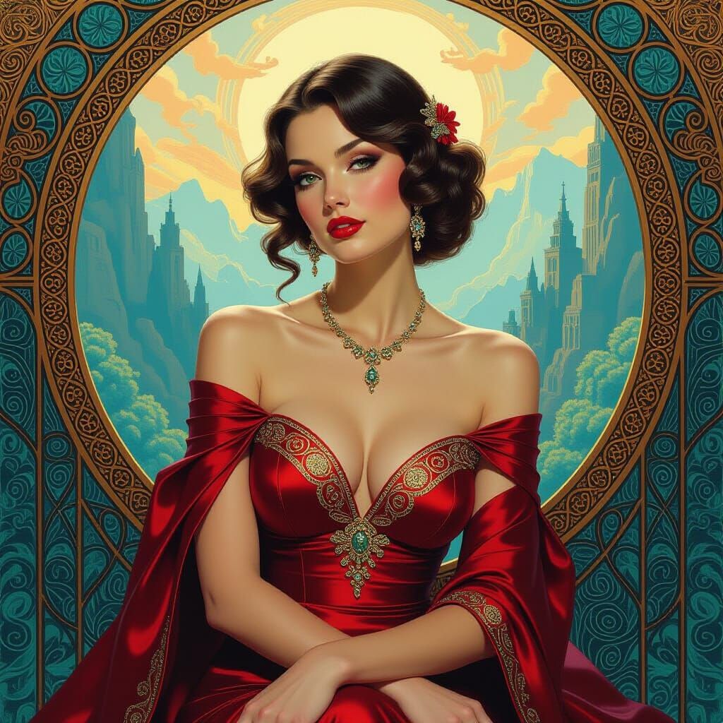 Elegant Woman in Surreal Art Deco Oil Painting