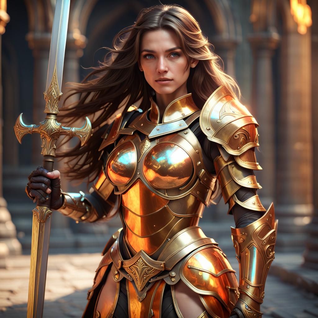 Brunette Paladin in Gold Armor with Golden Sword