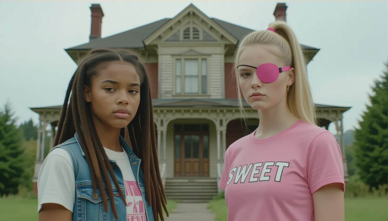 Teen Girls Before Victorian Villa Cinematic Film Still